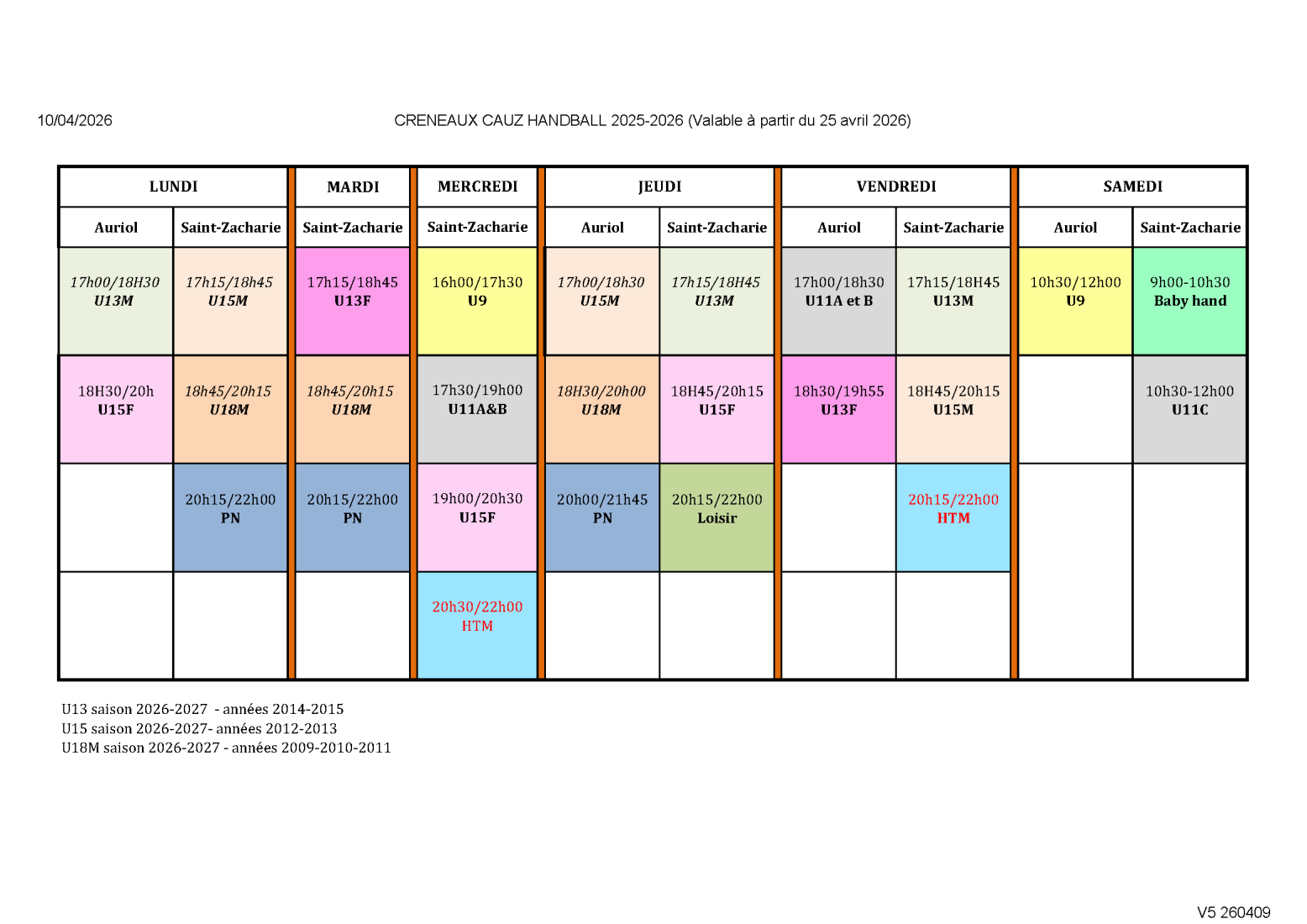 Créneaux entrainement